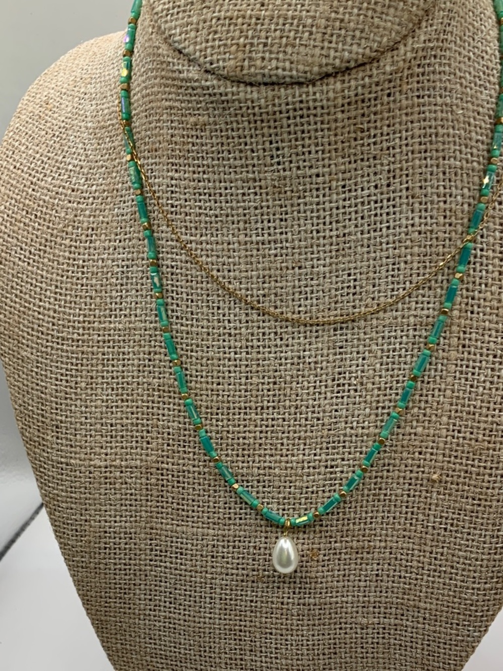 Plunder Design Double Gold Tone Chain Turquoise Beaded Pearl Pendant Necklace - Picture 4 of 5